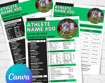 Puede incluir: Una plantilla imprimible verde y negra para el perfil de un jugador de fútbol. La plantilla incluye una foto de un jugador de fútbol, información del atleta, estadísticas, logros y un calendario de competición. El texto de la plantilla incluye el nombre del atleta, la clase, el equipo y la información de contacto.