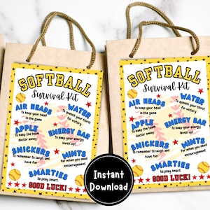 Zestaw przetrwania do softballu, prezenty do softballu, torba prezentowa do softballu, prezent dla drużyny, mama do softballu, obóz softballu, etykieta na torbę sportową, natychmiastowe pobranie, 5x7"