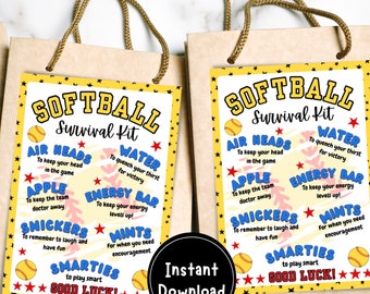 Kit di sopravvivenza per softball, regali di softball, sacchetto regalo per softball, regalo di squadra, mamma di softball, campo di softball, etichetta per borsa sportiva, download istantaneo, 5 x 7 pollici