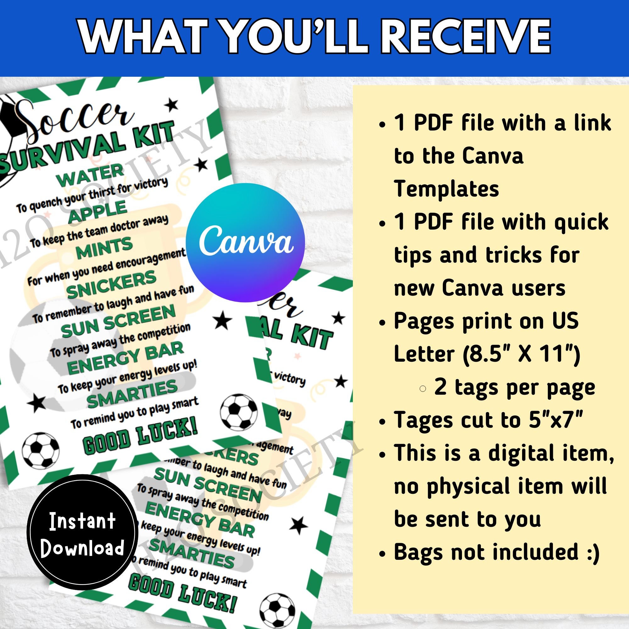 Editable Soccer Survival Kit Gift Tag, Gift Bag Printable, Soccer Gift ...