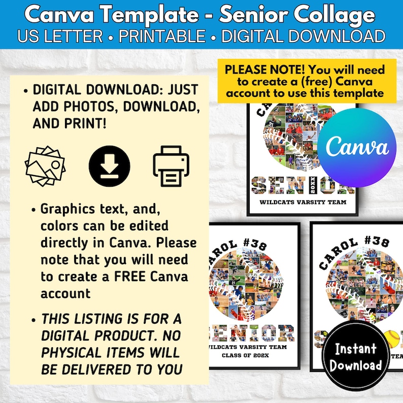 May include: A digital download template for a senior collage featuring a baseball design. The template includes the text "Senior" and "Wildcats Varsity Team".