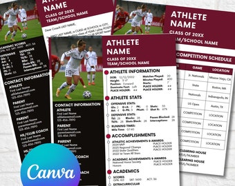 Hoja de perfil de atleta, Tarjeta de perfil digital de atleta, Reclutamiento universitario, Plantilla editable de Canva, Todos los deportes, Currículum deportivo, Balón de fútbol de viaje