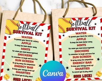Etichetta regalo modificabile con kit di sopravvivenza per softball, sacchetto regalo stampabile, regalo per softball, campo di softball, regalo per squadra di softball, mamma di softball, modello Canva