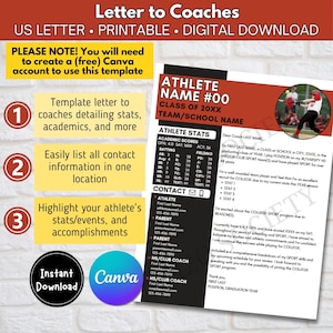Puede incluir: Una plantilla de carta imprimible para que los atletas la env&iacute;en a los entrenadores. La plantilla incluye una secci&oacute;n para las estad&iacute;sticas de los atletas, las calificaciones acad&eacute;micas, la informaci&oacute;n de contacto y un espacio para destacar los logros. La plantilla est&aacute; dise&ntilde;ada para ser utilizada con Canva.