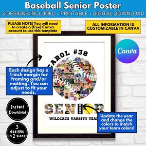 May include: A baseball-themed senior poster template with a photo collage in the shape of a baseball. The poster is customizable with the player's name, number, team name, and year. The text "CAROL #38 WILDCATS VARSITY TEAM" is visible on the poster.