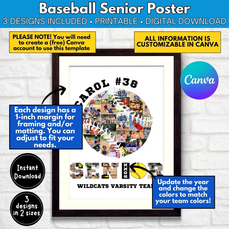 May include: A baseball-themed senior poster template with a photo collage in the shape of a baseball. The poster is customizable with the player's name, number, team name, and year. The text "CAROL #38 WILDCATS VARSITY TEAM" is visible on the poster.