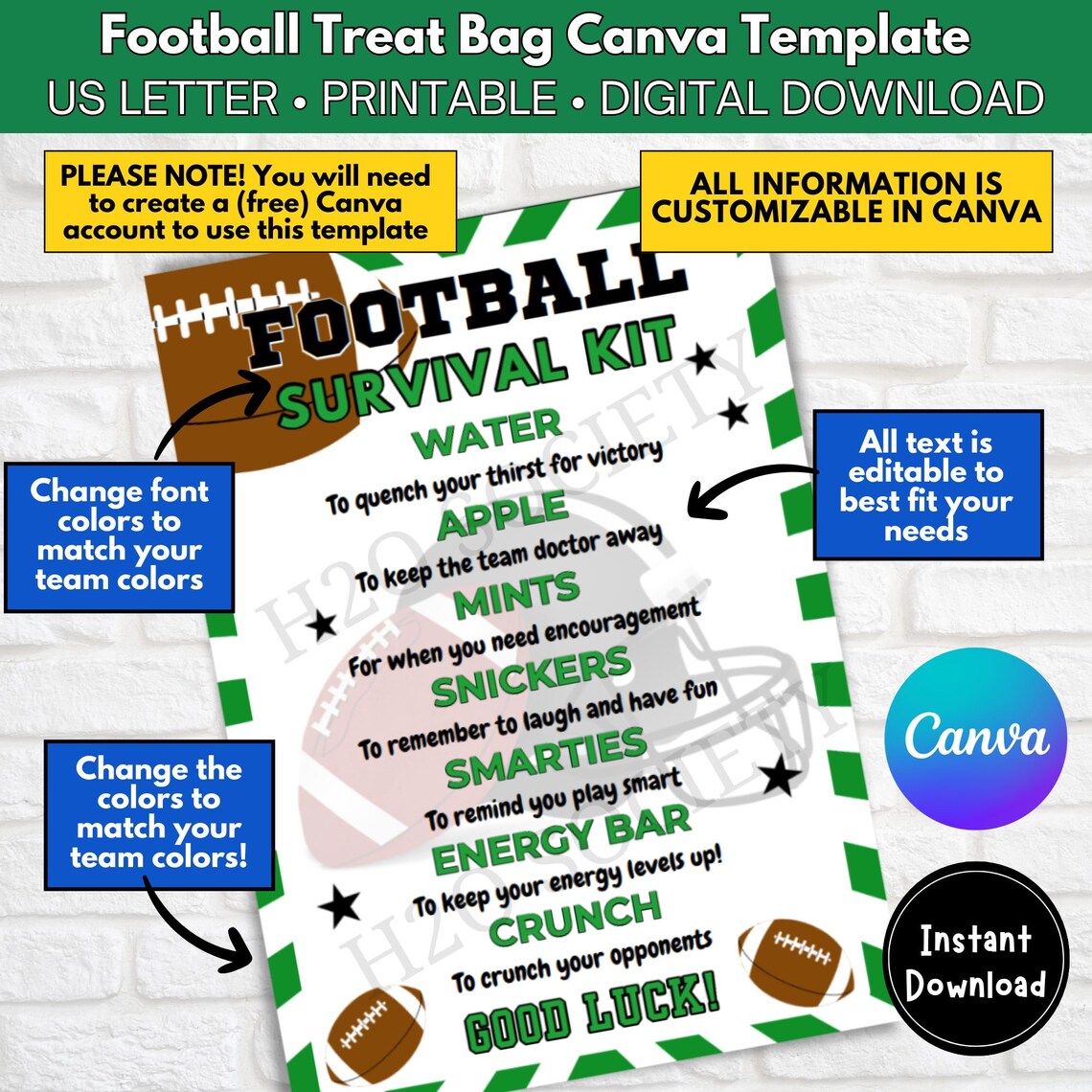 Editable Football Survival Kit Gift Tag, Gift Bag Printable, Football ...