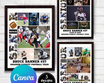 Football Senior Poster, Photo Collage, Senior Night, Graduation Gifts, Football Gift, Editable Sports Player Photo Collage, Canva Template