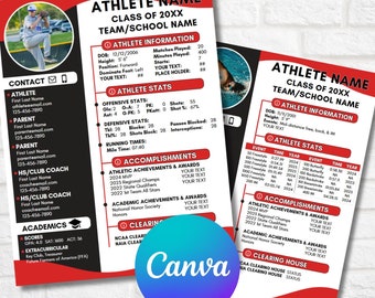 Hoja de perfil de atleta, Reclutamiento universitario, Plantilla editable de Canva, Todos los deportes, Currículum deportivo, Plantilla deportiva, Campamentos, Escaparates, Viajes, Baloncesto