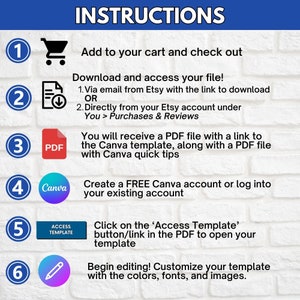 Puede incluir: Una gu&iacute;a de seis pasos con c&iacute;rculos numerados e iconos para descargar y personalizar una plantilla de Canva. Los pasos incluyen agregar al carrito, descargar el archivo, recibir un archivo PDF con un enlace a la plantilla de Canva, crear una cuenta gratuita de Canva, hacer clic en el bot&oacute;n 'Acceder a la plantilla' y personalizar la plantilla con colores, fuentes e im&aacute;genes.