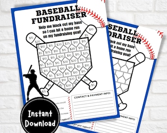 Puede incluir: Una plantilla de recaudación de fondos de béisbol imprimible con una ilustración en blanco y negro de un jugador de béisbol golpeando una pelota. La plantilla tiene un diamante de béisbol con una cuadrícula de cuadrados para que la gente los rellene con donaciones. El texto de la plantilla dice "Recaudación de fondos de béisbol" y "¡Ayúdame a oscurecer mi base para que pueda conectar un jonrón en mi objetivo de recaudación de fondos!"