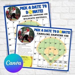 Editable Softball Calendar Fundraiser Template, Pick a Date to Donate, Fundraiser Flyer, Team Fundraiser, Travel Ball, Canva Template