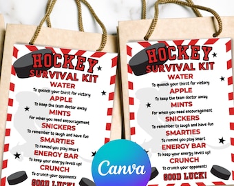 Editable Hockey Survival Kit Gift Tag, Gift Bag Printable, Hockey Gift, Hockey Team Gift, Hockey Mom, Canva Template, Hockey Season