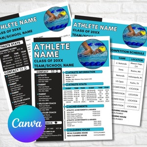 Puede incluir: Una plantilla imprimible azul y negra para el perfil de un nadador. La plantilla incluye el nombre del atleta, la clase de 20XX, el nombre del equipo/escuela, la información de contacto, las calificaciones académicas, las estadísticas atléticas, los logros y el calendario de competiciones.