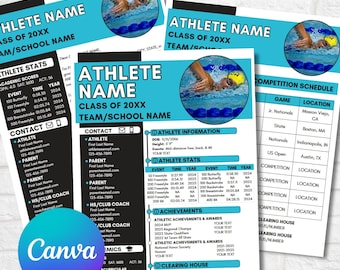 Hoja de perfil de nadador/a, Reclutamiento universitario, Plantilla editable de Canva, Perfil de nadador/a, Currículum deportivo, Plantilla deportiva, Equipo de natación