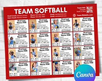 May include: A red and white team roster for a softball team. The roster includes the names of the players, their positions, and their statistics. The team name is "Team Softball".