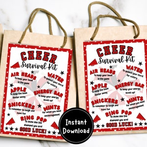 May include: A printable cheer survival kit with a red and white megaphone design. The kit includes items like air heads, water, apple, energy bar, snickers, mints, and ring pop. The text on the printable says "Cheer Survival Kit" and "Good Luck!"