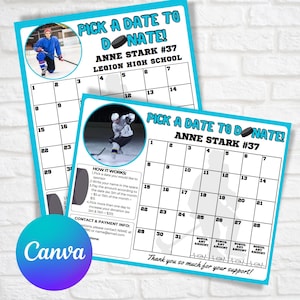 Editable Hockey Calendar Fundraiser Template, Pick a Date to Donate, Fundraiser Flyer, Team Fundraiser, Hockey Mom, Canva Template