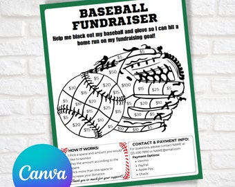 Puede incluir: Una ilustración en blanco y negro de una pelota de béisbol y un guante de béisbol con cantidades en euros en cada sección. El texto "BASEBALL FUNDRAISER" está en la parte superior de la imagen. El texto "Help me black out my baseball and glove so I can hit a home run on my fundraising goal!" está debajo del título. El texto "HOW IT WORKS:" está en un cuadro rojo en el lado izquierdo de la imagen. El texto "CONTACT & PAYMENT INFO:" está en un cuadro rojo en el lado derecho de la imagen.