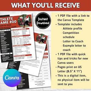 Puede incluir: Una plantilla digital para un perfil de atleta de softbol. La plantilla incluye una foto, informaci&oacute;n del atleta, estad&iacute;sticas, logros y un calendario de competici&oacute;n. La plantilla est&aacute; dise&ntilde;ada para ser utilizada con Canva y est&aacute; disponible para descarga instant&aacute;nea. El texto en la plantilla dice "Athlete Name #00 Class of 20XX Team/School Name".
