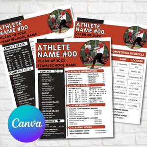 Perfil de jogador de softball, ficha de perfil de atleta, recrutamento universitário, modelo editável do Canva, bola de viagem, modelo esportivo, vitrines de acampamentos