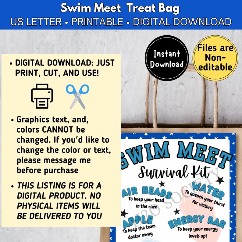 K&ouml;nnte beinhalten: Druckbarer Schwimm-Treffen-Geschenkbeutel als digitaler Download. Der Beutel hat ein blaues und wei&szlig;es Design mit Sternen und dem Text "Swim Meet Survival Kit". Der Beutel enth&auml;lt eine Liste von Artikeln f&uuml;r das Kit, wie z. B. Air Heads, Wasser, &Auml;pfel und Energieriegel.