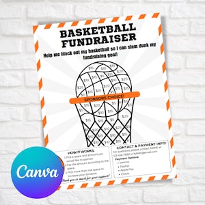 Puede incluir: Una plantilla de recaudación de fondos de baloncesto imprimible con un gráfico de aro de baloncesto en blanco y negro. La plantilla incluye una cuadrícula de cuadrados con cantidades que van de 5 € a 25 €. El texto "¡Elección de patrocinadores!" está escrito en un cuadro rojo. El texto "Cómo funciona:" y "Información de contacto y pago:" se enumeran con instrucciones sobre cómo participar en la recaudación de fondos.