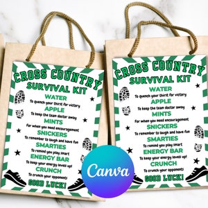 Edytowalny Cross Country Survival Kit Gift Tag, Torba prezentowa do wydrukowania, Cross Country Gift, Prezent dla seniora, Cross Country Mom, Szablon Canva