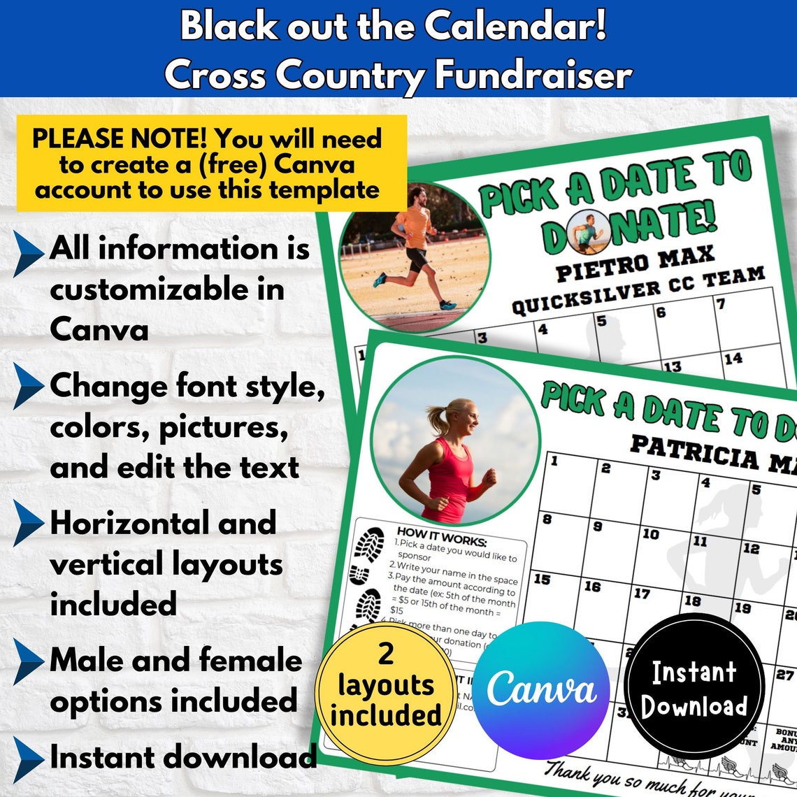 Editable Cross Country Calendar Fundraiser Template, Pick a Date to