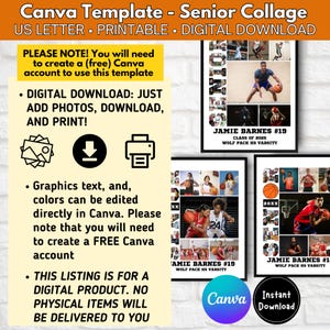 May include: A digital download template for a basketball senior collage. The template features a collage of photos with the player's name, number, and graduation year. The text "SENIOR" is spelled out using photos of the player in action. The template is designed to be used with Canva.