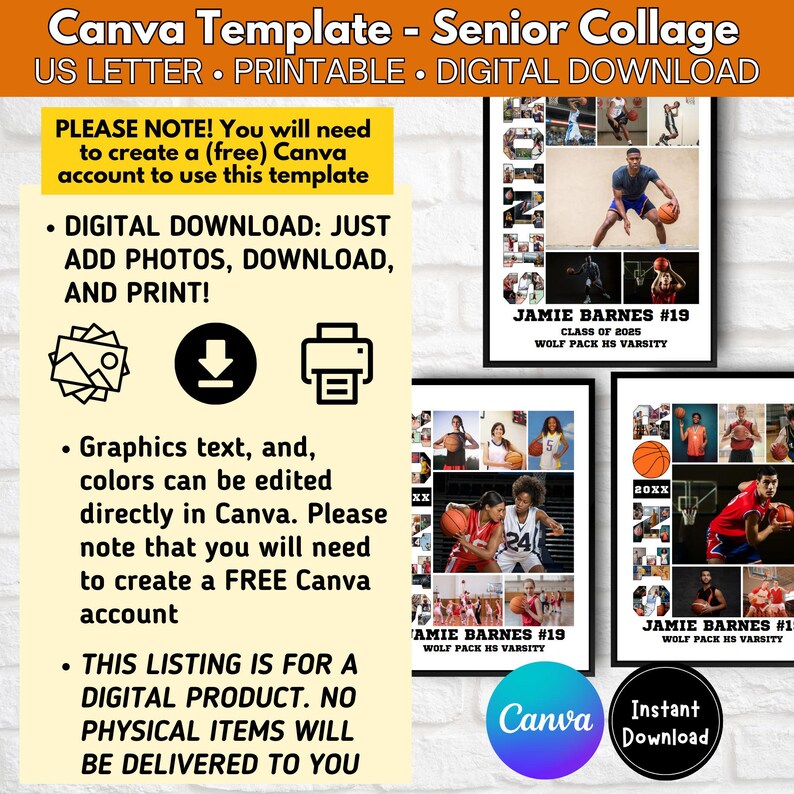 May include: A digital download template for a basketball senior collage. The template features a collage of photos with the player's name, number, and graduation year. The text "SENIOR" is spelled out using photos of the player in action. The template is designed to be used with Canva.