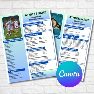 Idrottsprofilblad, rekrytering till universitet, redigerbar Canva-mall, alla sporter, sport-CV, sportmall, lägerpresentationer, reseboll