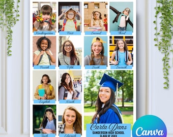 May include: A collage of photographs depicting a girl's journey through school, from kindergarten to her final year of secondary school. The photographs are arranged in a grid, with each image labelled with the corresponding year group. The final photograph shows the girl in her graduation cap and gown. The text "Carla Dans" and "Sanderson High School Class of 20XX" is also included.