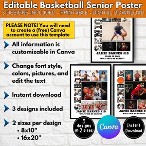 May include: Editable basketball senior poster template for Canva.  The poster features a collage of basketball photos with the text "Senior" spelled out in photos.  The poster is available in two sizes: 8x10 inches and 16x20 inches.