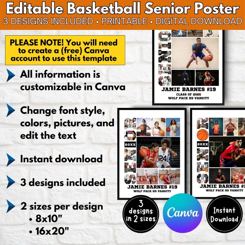 May include: Editable basketball senior poster template for Canva.  The poster features a collage of basketball photos with the text "Senior" spelled out in photos.  The poster is available in two sizes: 8x10 inches and 16x20 inches.