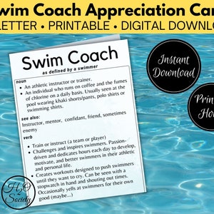 Swim Coach Thank You Card, Swim Coach Gift, Coach Appreciation Card, Swim Coach Definition, End of Swim Season, Swim Team, Printable