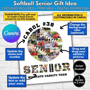 May include: A printable digital download for a softball senior gift idea. The design features a softball with a collage of photos, the player's name and number, and the text "Senior 20XX Wildcats Varsity Team".