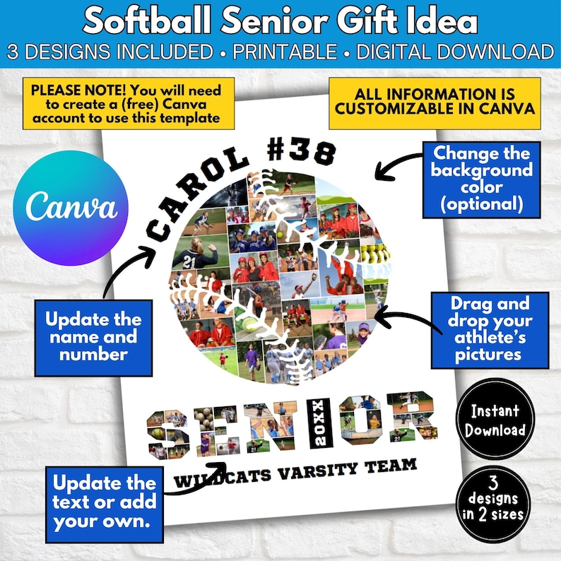 May include: A printable digital download for a softball senior gift idea. The design features a softball with a collage of photos, the player's name and number, and the text "Senior 20XX Wildcats Varsity Team".
