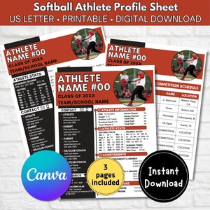 Puede incluir: Una plantilla de hoja de perfil de atleta de softball imprimible en rojo, negro y blanco. La plantilla incluye secciones para la informaci&oacute;n del atleta, las estad&iacute;sticas y el calendario de competiciones. El texto "Athlete Name #00" est&aacute; en la parte superior de la p&aacute;gina. La plantilla est&aacute; dise&ntilde;ada para su uso con Canva.