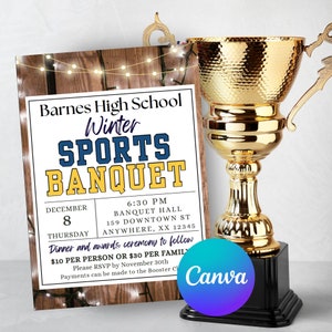 May include: A printable invitation for a winter sports banquet at Barnes High School. The invitation is decorated with a woodgrain background and string lights. The text on the invitation reads "Barnes High School Winter Sports Banquet" and includes the date, time, and location of the event. The invitation also includes information about the cost of the event and how to RSVP.