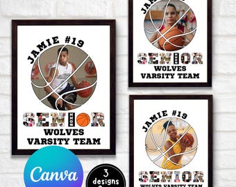 Basketball Photo Collage, Senior Poster, Senior Night Graduation Gift, Basketball Gift, Editable Sports Player Photo Collage, Canva Template