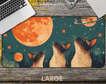 Alfombrilla de escritorio con diseño de gato siamés, bonita decoración de oficina, alfombrilla de ratón cósmica, regalo para amantes de los gatos, oficina en casa con temática espacial.