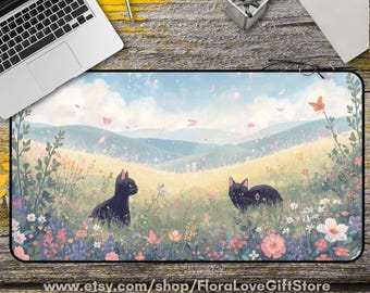 Black Cats in Flower Meadow Desk Mat | Pastel Scenic Mouse Pad