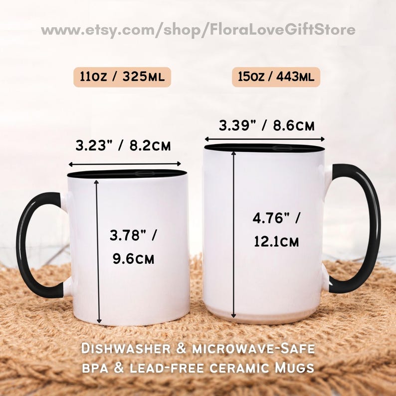 May include: Two white ceramic mugs with black handles and black rims. The mugs are 11oz and 15oz, and are dishwasher and microwave safe. The mugs are BPA and lead-free.