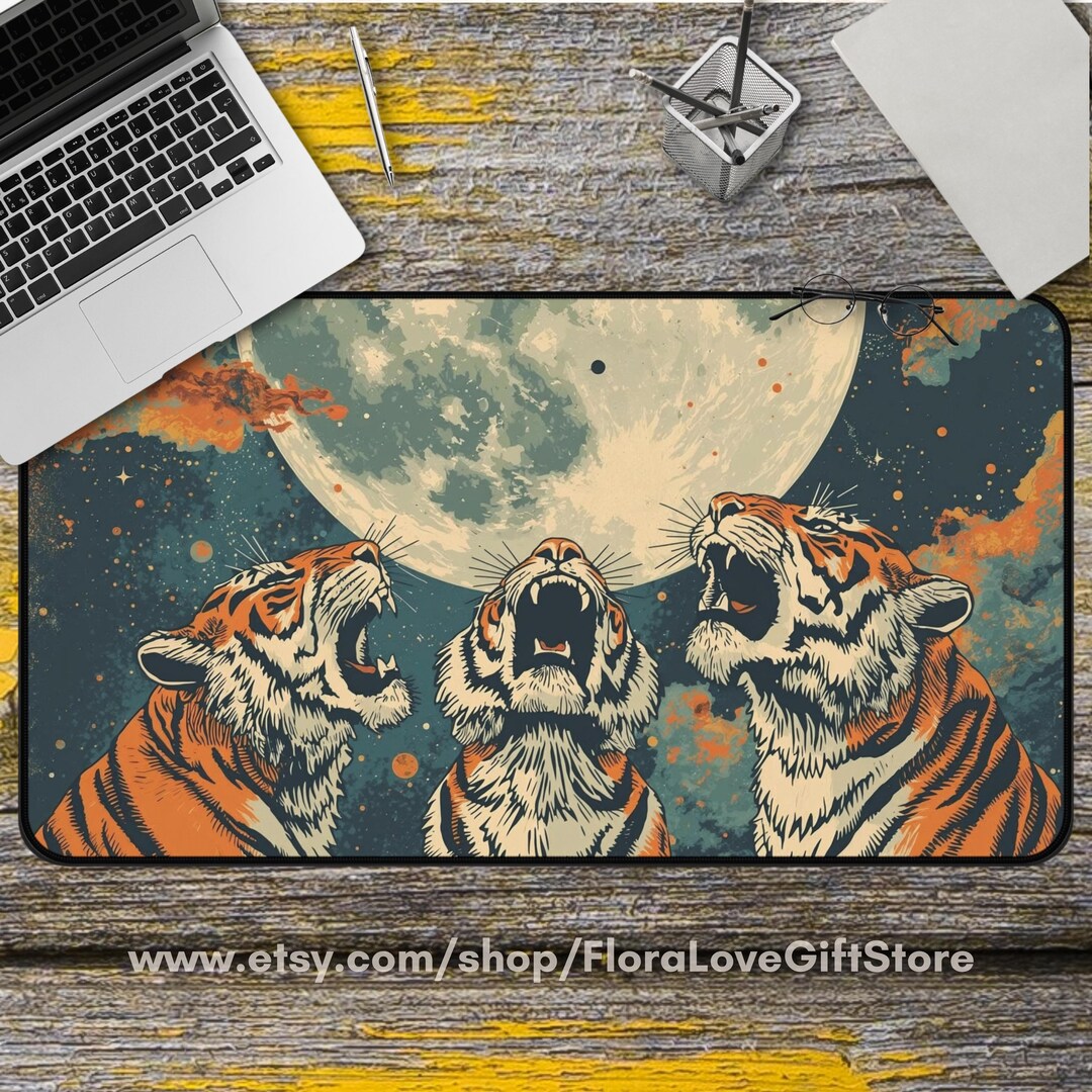 Computer Mat Tiger Tigers Moon Desk Mat | Tiger Trio Mouse Pad Gift for Home Office - Etsy