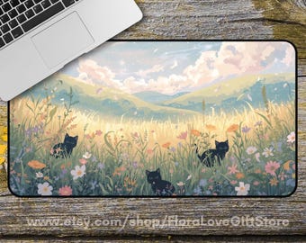 Kawaii Schreibtischmatte Kawaii schwarze Katze Schreibtischmatte Anime Schreibtischmatte Wildblumen Mauspad Malerische Pastell süße Katze Gamer Schreibtischmatte