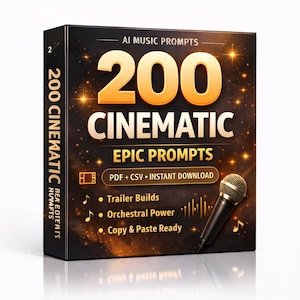 Puede incluir: Una caja negra con texto dorado que dice "AI MUSIC PROMPTS" y "200 CINEMATIC EPIC PROMPTS". La caja también presenta un micrófono y viñetas para "Trailer Builds", "Orchestral Power" y "Copy & Paste Ready".