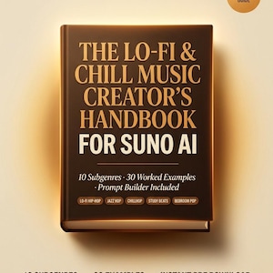 May include: A hardcover book titled "THE LO-FI & CHILL MUSIC CREATOR'S HANDBOOK FOR SUNO AI". The cover is dark brown with gold lettering and includes the text "10 Subgenres • 30 Worked Examples • Prompt Builder Included". An "EDUCATIONAL GUIDE" sticker is in the upper right.