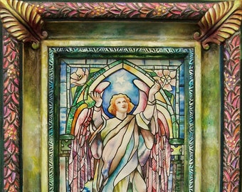 Angel of Hope 10x8 Original Watercolor Inspired by Tiffany Stained Glass Masterpiece, Ornate Painted Frame, Beautiful Angel Wall Art