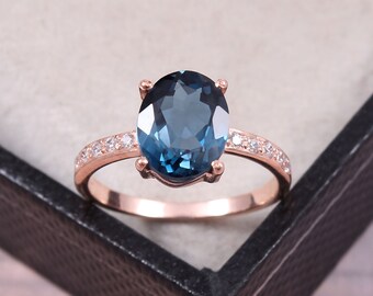 Oval London blue topaz, Engagement Ring, Silver Unique Cluster engagement ring, vintage Oval wedding Bridal, Anniversary gift for women,